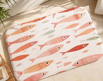Alfombra de baño con forma de pez rosa - Decoración de baño con temática marina costera para Airbnb y casas de playa.