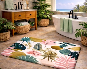 Boho Botanische Badematte - Tropischer Badezimmerteppich - Grünes Badezimmerdekor und Airbnb-Badezimmerstil
