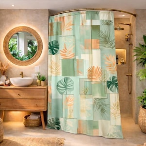 Seafoam Green Tropical Shower Curtain - Botanical Patch Design for Airbnb & Beach House Bathrooms