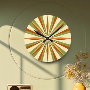 MCM Starburst Wall Clock – Sage & Terracotta Retro Decor, Vintage-Inspired Mid Century Modern Clock, Free US Shipping