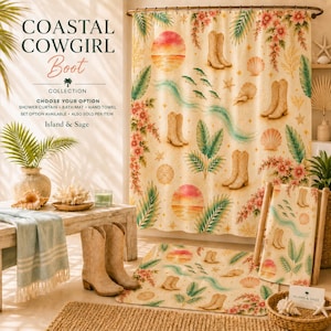 Coastal Cowgirl Boot Bathroom Decor | Shower Curtain, Bath Mat or Hand Towel | Tropical Beach House Decor