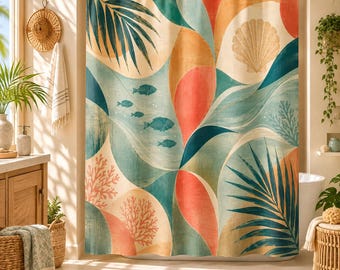 Duschvorhang im Mid-Century-Küstenstil – Sommerlich und tropisch-maritim – Badezimmerdeko für Strandhaus & Airbnb