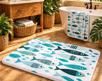 Blaugrüne Fisch-Badematte - Küstenmeeresleben Teppich - Tropisches Badezimmerdekor für Beach House & Airbnb
