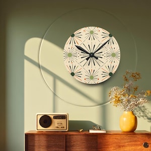 Tropical MCM Starburst Wall Clock – Sage & Terracotta Retro Clock, Mid Century Modern Decor, Beach House Wall Art, Free US Shipping