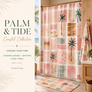 May include: A shower curtain, bath mat, and hand towel featuring a grid pattern of soft pink, sage green, and white blocks. The design includes illustrations of palm trees, fish, and seashells. Text on the left reads PALM & TIDE Coastal Collection.