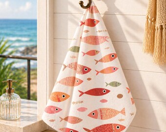 Pink Fish Hand Towel for Bathroom or Guest Bathroom - Coastal Sea Life Hand Towel, Airbnb Beach House Decor