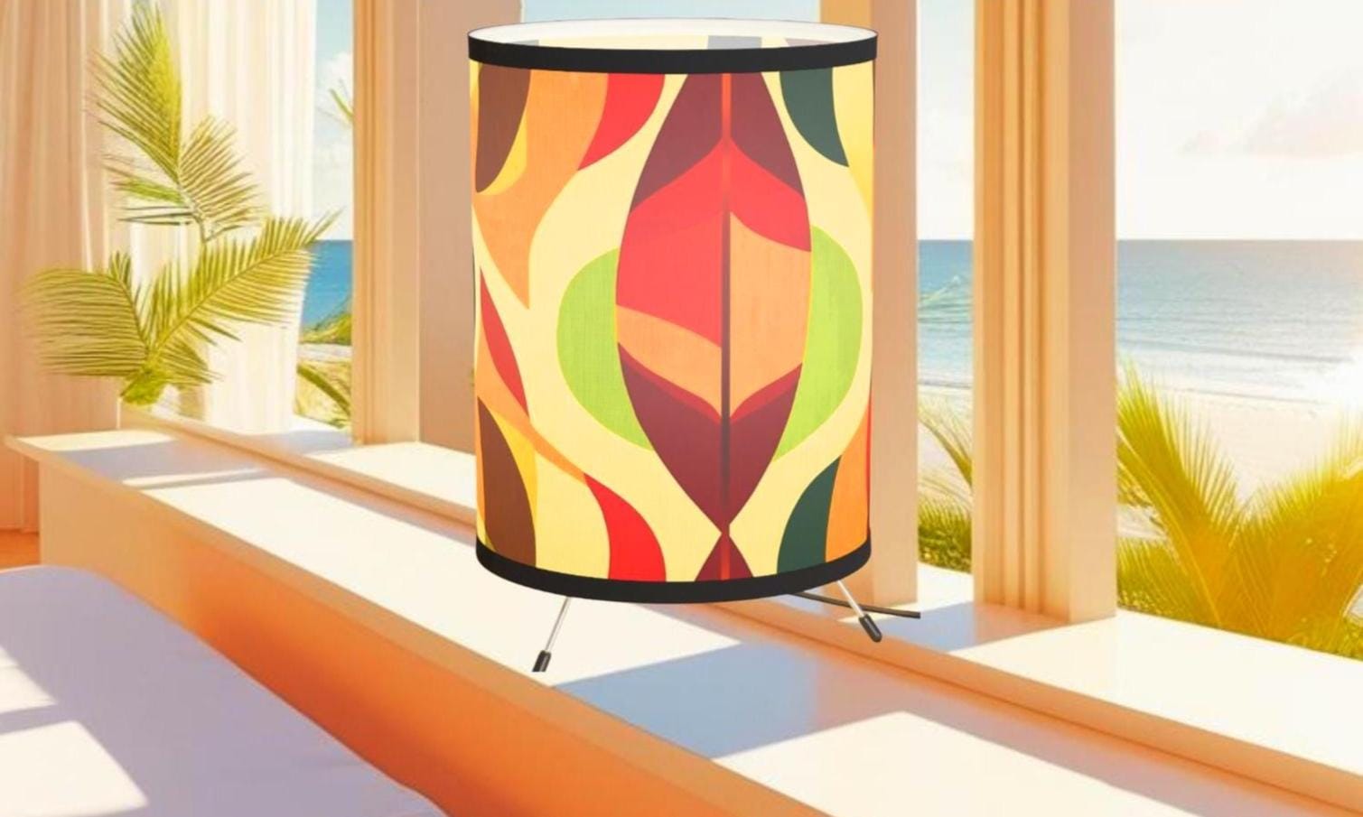 Mid Century Modern Tripod Lamp: Burnt Orange Abstract Leaf Shade