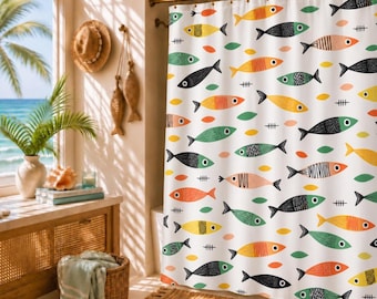 Retro-Duschvorhang mit Küstenfischmotiv – Farbenfrohe Badezimmerdekoration im maritimen Stil der Mitte des 20. Jahrhunderts, ideales Geschenk für Meeresliebhaber