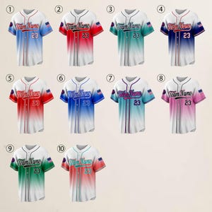 May include: Ten different baseball jerseys with a gradient design. The jerseys are white with a variety of colored gradients, including red, blue, green, and pink. The jerseys all have the text "Team Name" and the number "23" on the front.