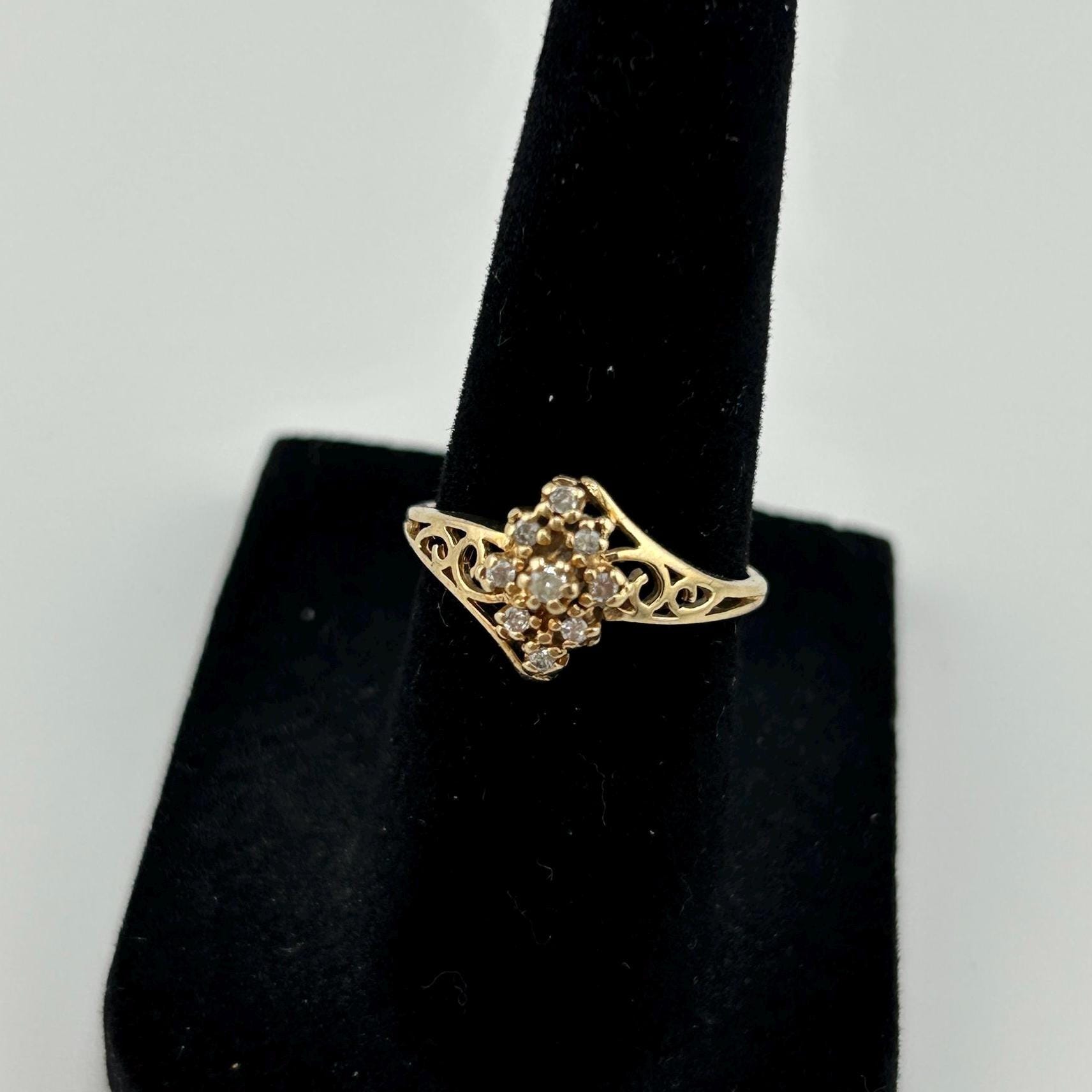 Vintage 10k Gold Diamond Ring .10ct – Filigree Cluster Setting – Real Gold Engagement Ring – Unique Gift for Her – Free Shipping USA