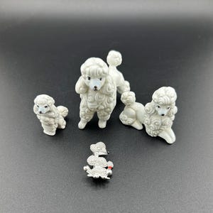 Vintage Ceramic Spaghetti Poodle Figurines Trio & Rhinestone Poodle Brooch Set – Mid-Century White Porcelain Dog Decor w/ Jewelry Pin Gifts