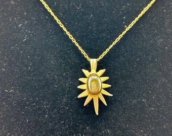 Vintage Miriam Haskell Sunburst Necklace – 12K Gold-Filled Chain w/ Dark Green Cabochon Pendant, Signed - Unique Jewelry Gifts Free Shipping