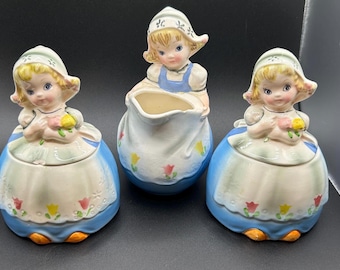 Antique Dutch Dairy Girls Creamer Jam Sugar Bowl Porcelain Set Vintage Dishes - Kitchenware Tableset Gifts w/ Tulips for Spring/Mother’s Day
