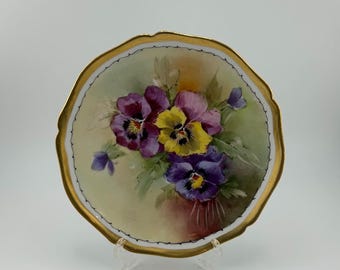 Antique Limoges Hand Painted Plate by J. Brauer – Pansies & Gold Trim – Signed Julius Brauer – France to USA Porcelain Decor - Vintage Gifts