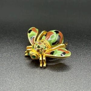 Gesigneerde Joan Rivers zeldzame camouflagebijbroche – groen emaille en strass insectenspeld, goudkleurig – unieke vintage sieraden gratis verzending