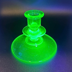 Vintage Uranium Glass Candle Holder – Glows Under UV Light – Mid-Century Vaseline Glass Taper Holder - Unique Art Gifts for Holidays