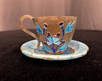 Blue Antique Copper Enamel Tea Cup and Saucer Collectible Dishware Gift Set Vintage Chinese cloisonné enamel demitasse Asian floral art