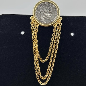 Roman Coin Brooch Hanging Gold Tone Replica Pin Costume Jewelry Statement Piece Historical Accessories Gifts for Women, Men, Unisex