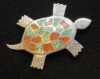 Authentic Handcrafted Sterling Silver Turtle Pendant with Inlaid Turquoise and Coral by Navajo Artist stamped Indigenous Art