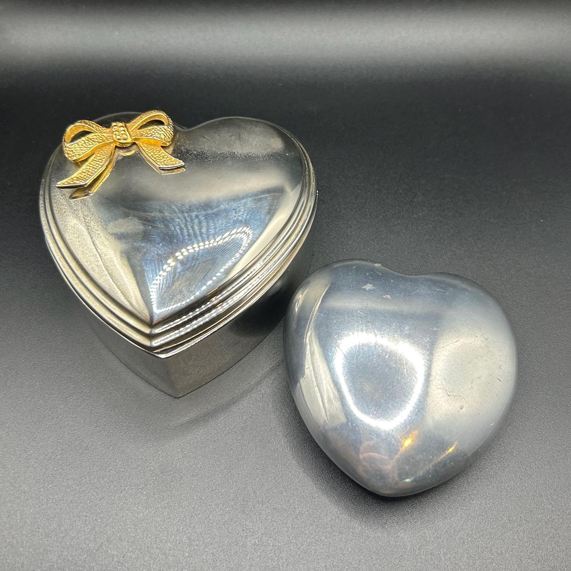 Vintage Silver Plated Heart Jewelry Box | Gold Bow Keepsake, Gift