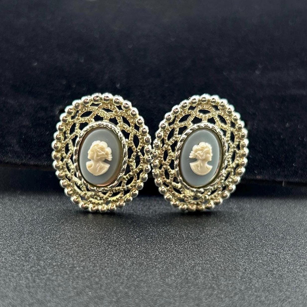 Vintage Sarah Coventry Faux Cameo Earrings - 1960s Gold-Tone Filigree Clip-Ons