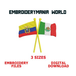 Crossed Flags Mexico & Ecuador Embroidery Design – Instant Download, Multiple Sizes and Formats