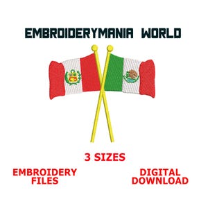 Crossed Flags Peru & Mexico Embroidery Design – Instant Download, Multiple Sizes and Formats