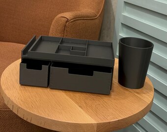 Organizador de mesa impresso em 3D com gavetas | Organizador de escritório moderno + porta-lápis grátis | Armazenamento minimalista para mesa, ideal para casa ou trabalho