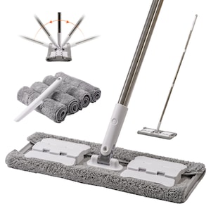 May include: A gray microfiber mop with a long, silver handle. The mop head is rectangular and has a white plastic frame. The handle can be adjusted to different lengths.