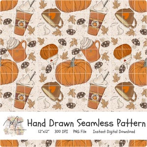 Autumn Pumpkin Coffee Seamless Pattern: Hand-Drawn PNG (Digital Download)