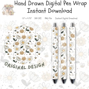 May include: Digital pen wrap design with a daisy and bee pattern in white, tan, and grey. The design includes the text "Hand Drawn Digital Pen Wrap Instant Download" and the dimensions 3.8cm x 12.1cm. The image shows three pens with the design.