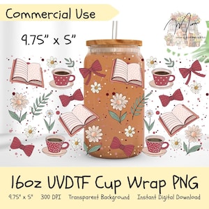 May include: A 16oz glass cup wrap with a brown background, featuring illustrations of books, coffee cups, bows, and flowers. The wrap measures 9.75" x 5" and is a transparent PNG digital download.