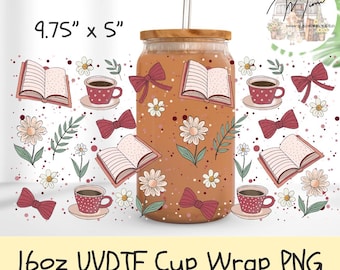 Book Lover UVDTF Can Wrap 16oz PNG | Coffee Books Daisy Bow Libbey Glass Design | Cute Reader Aesthetic Sublimation Wrap