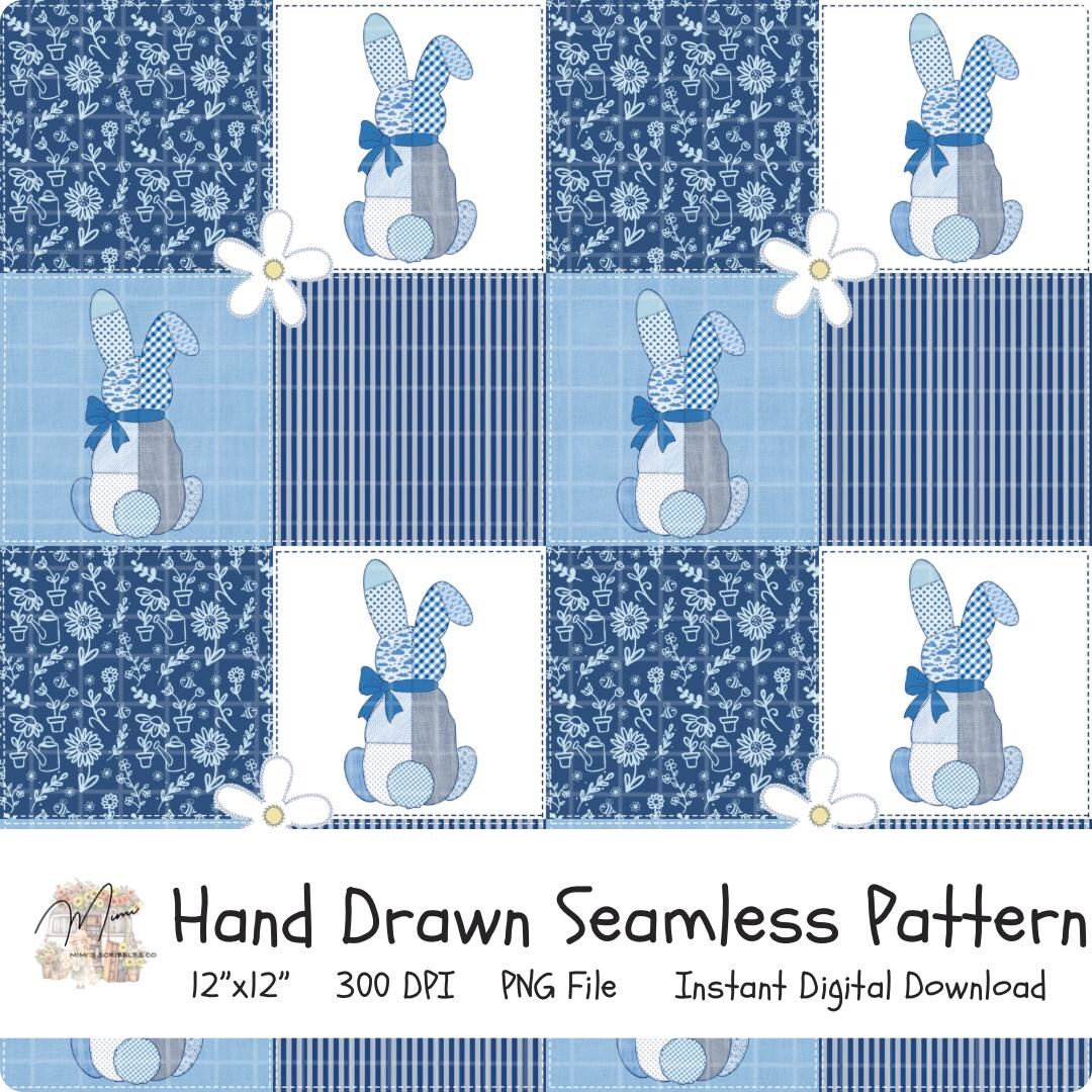 Blue Easter Bunny Seamless Pattern Patchwork Rabbit Fabric Design ...
