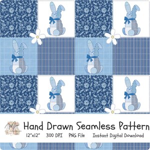 Blue Easter Bunny Seamless Pattern Patchwork Rabbit Fabric Design | Spring Floral Digital Paper | Cottagecore Bunny Print | Scrapbooking PNG