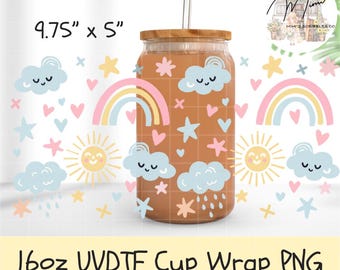 Pastel Rainbows and Clouds UVDTF Can Wrap PNG | Pastel Rainbows and Clouds 16oz Libbey Wrap | Seamless Sublimation Design