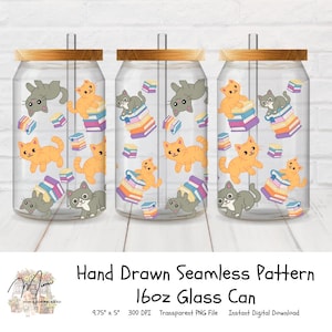 Kittens and Books Glass Can Wrap: 16oz Sublimation Design (PNG Digital Download