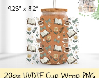 Book Lover UVDTF Can Wrap 20oz PNG | Coffee Books Daisy Bow Libbey Glass Design | Cute Reader Aesthetic Sublimation Wrap