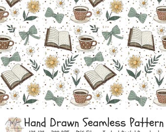 Cozy Book Lover Seamless Pattern Coffee Books Daisy Bow Pattern | Cute Reader Digital Design | Commercial Use and Print on Demand