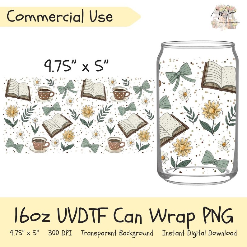 Book Lover UVDTF Can Wrap 16oz PNG | Coffee Books Daisy Bow Libbey Glass Design | Cute Reader Aesthetic Sublimation Wrap image 2