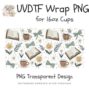 Book Lover UVDTF Can Wrap 16oz PNG | Coffee Books Daisy Bow Libbey Glass Design | Cute Reader Aesthetic Sublimation Wrap image 4