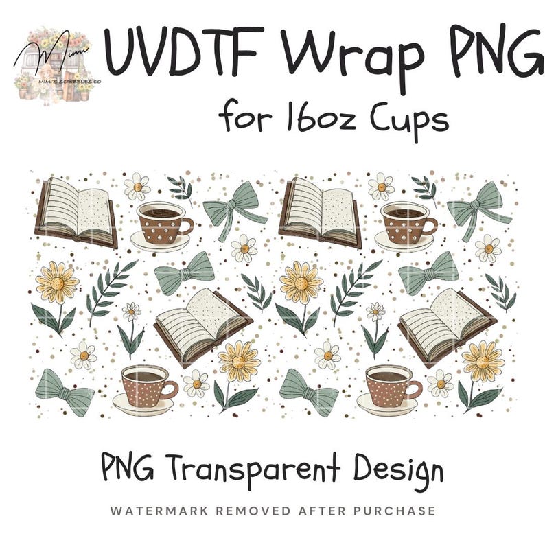 Book Lover UVDTF Can Wrap 16oz PNG | Coffee Books Daisy Bow Libbey Glass Design | Cute Reader Aesthetic Sublimation Wrap image 4