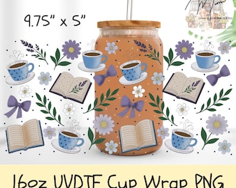 Cosy Books & Coffee 16oz UVDTF Wrap PNG | Coffee Books Purple Florals Libbey Glass Design | Cute Reader Aesthetic Sublimation Wrap