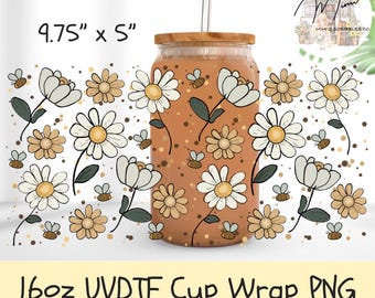 Bee Daisy UVDTF Wrap 16oz | Libbey Glass Can Wrap PNG | Floral Bee Cup Wrap | Cottagecore Design Daisy Floral Bees Neutral | Commercial Use