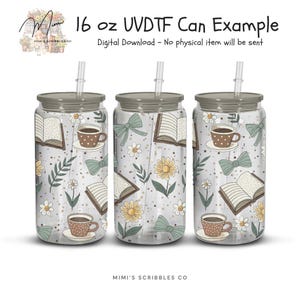 Book Lover UVDTF Can Wrap 16oz PNG | Coffee Books Daisy Bow Libbey Glass Design | Cute Reader Aesthetic Sublimation Wrap image 5