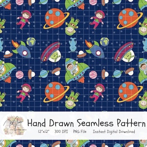 Weltraum nahtlose Muster Astronauten Planeten Monde Raketen Sterne Aliens UFO Hand gezeichnet Kinder Design Kommerzielle Nutzung und Print on Demand