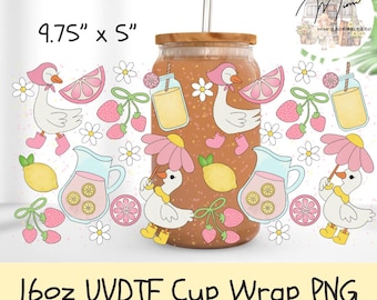 Pink Lemonade Ducks 16oz UVDTF Glass Can Wrap Libbey Wrap Design Summer Cottagecore Cup Decal Seamless Transparent Background Commercial Use