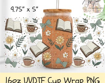 Book Lover UVDTF Can Wrap 16oz PNG | Coffee Books Daisy Bow Libbey Glass Design | Cute Reader Aesthetic Sublimation Wrap