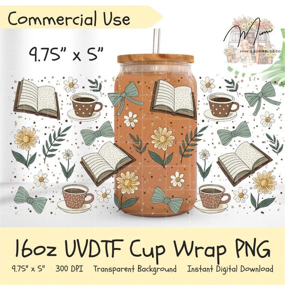 Book Lover UVDTF Can Wrap 16oz PNG | Coffee Books Daisy Bow Libbey Glass Design | Cute Reader Aesthetic Sublimation Wrap