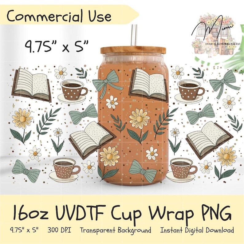 Book Lover UVDTF Can Wrap 16oz PNG | Coffee Books Daisy Bow Libbey Glass Design | Cute Reader Aesthetic Sublimation Wrap image 1